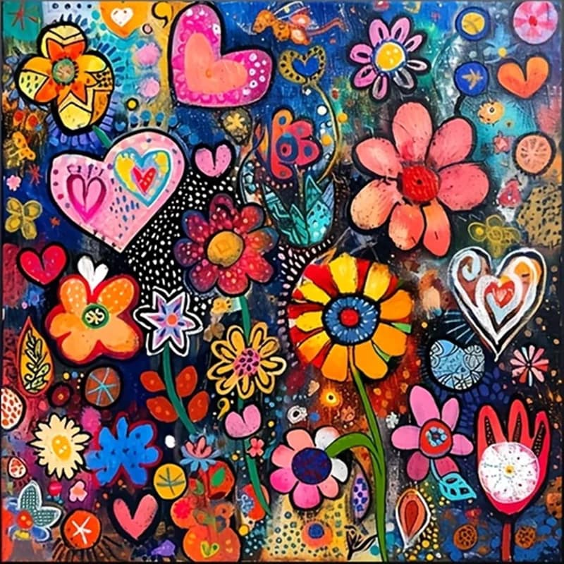 Whimsical Folk Art Flowers and Hearts 5D DIY Full Drill Diamond Painting Kit Diamond Sticker Handmade Art for Home Wall Decor