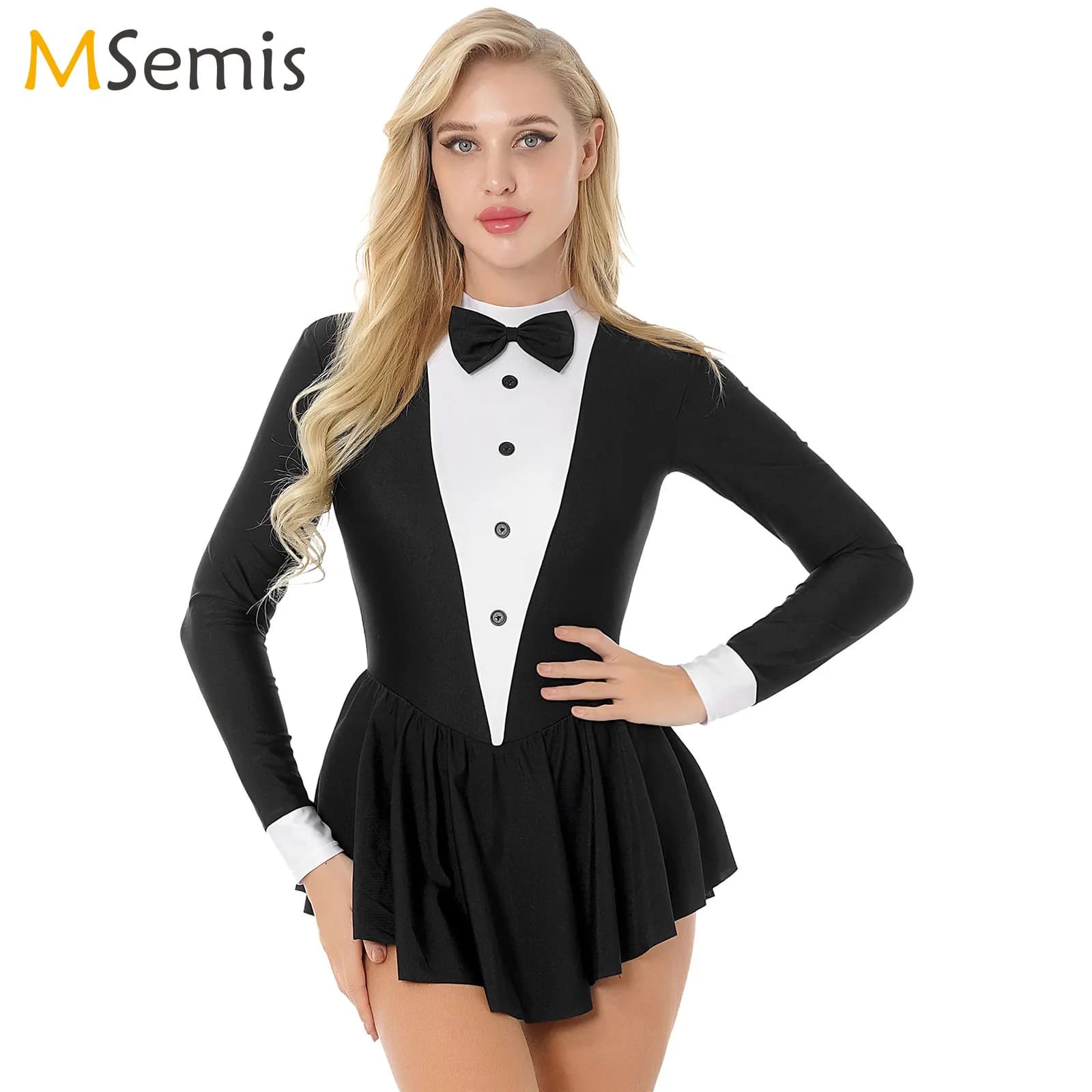 Vestito da pattinaggio di figura per adolescenti Vestito da donna per adulti a maniche lunghe con papillon Tuxedo con gonna da ginnastica Body moderno Jazz Costume da ballo latino