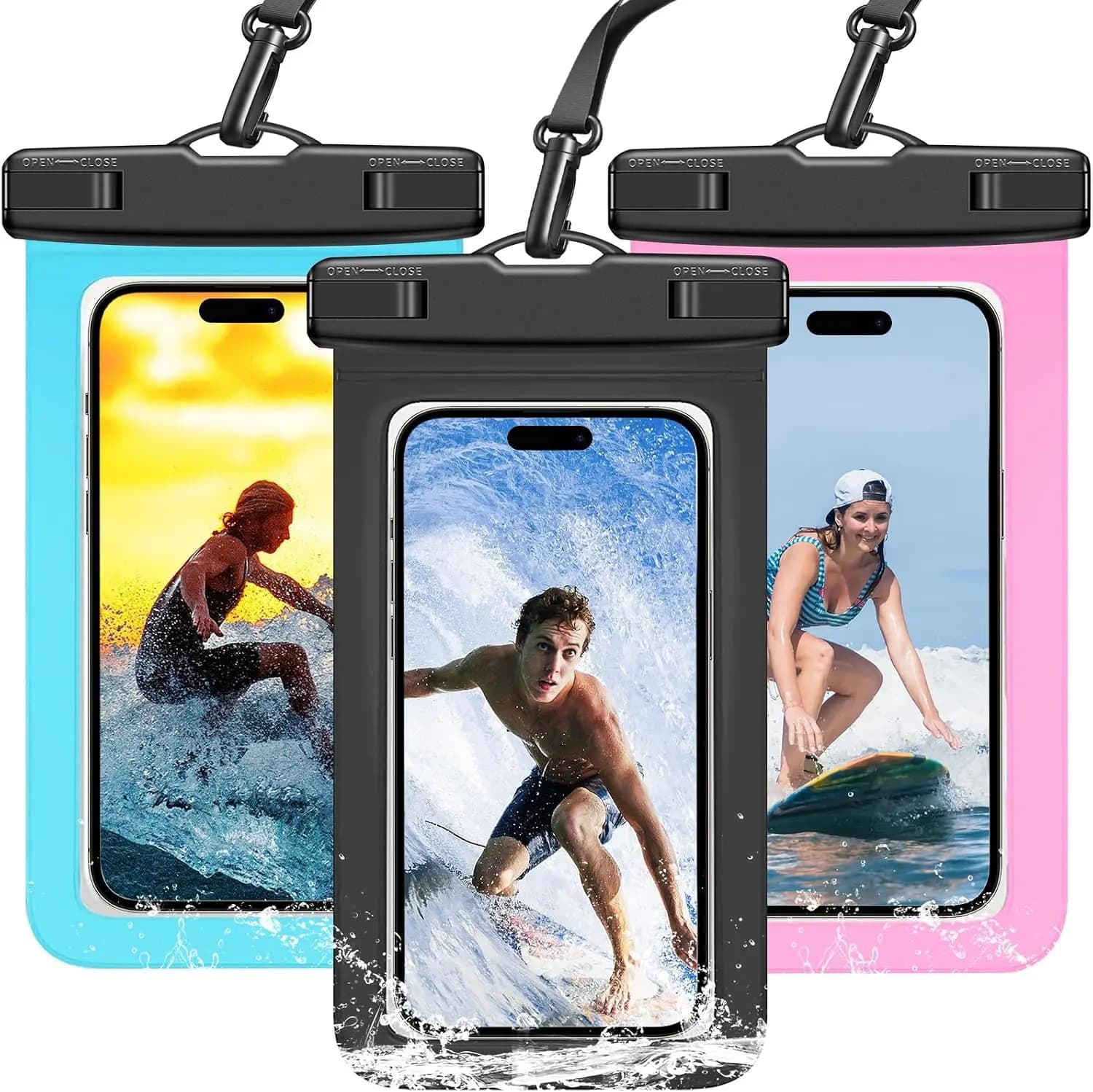 3 Pack Multicolor IPX8 Waterproof Phone Pouch HD Touch Screen Dry Bag With Lanyard Fit Up To 8.4 Inch Smartphone For Swimming Snorkeling Diving Rafting Kayaking Hot Spring Beach Cruise Camping Fishing Outdoor Travel Rain Protection