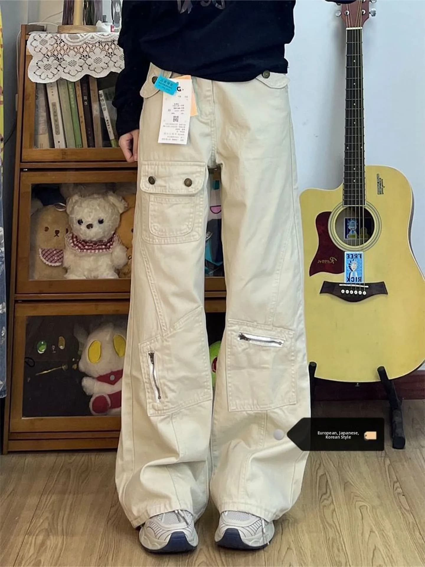 Pantaloni a vita bassa stile americano da lavoro, a zampa d'elefante, da donna, con design multitasche, jeans lunghi a bootcut, effetto snellente, lunghezza al pavimento
