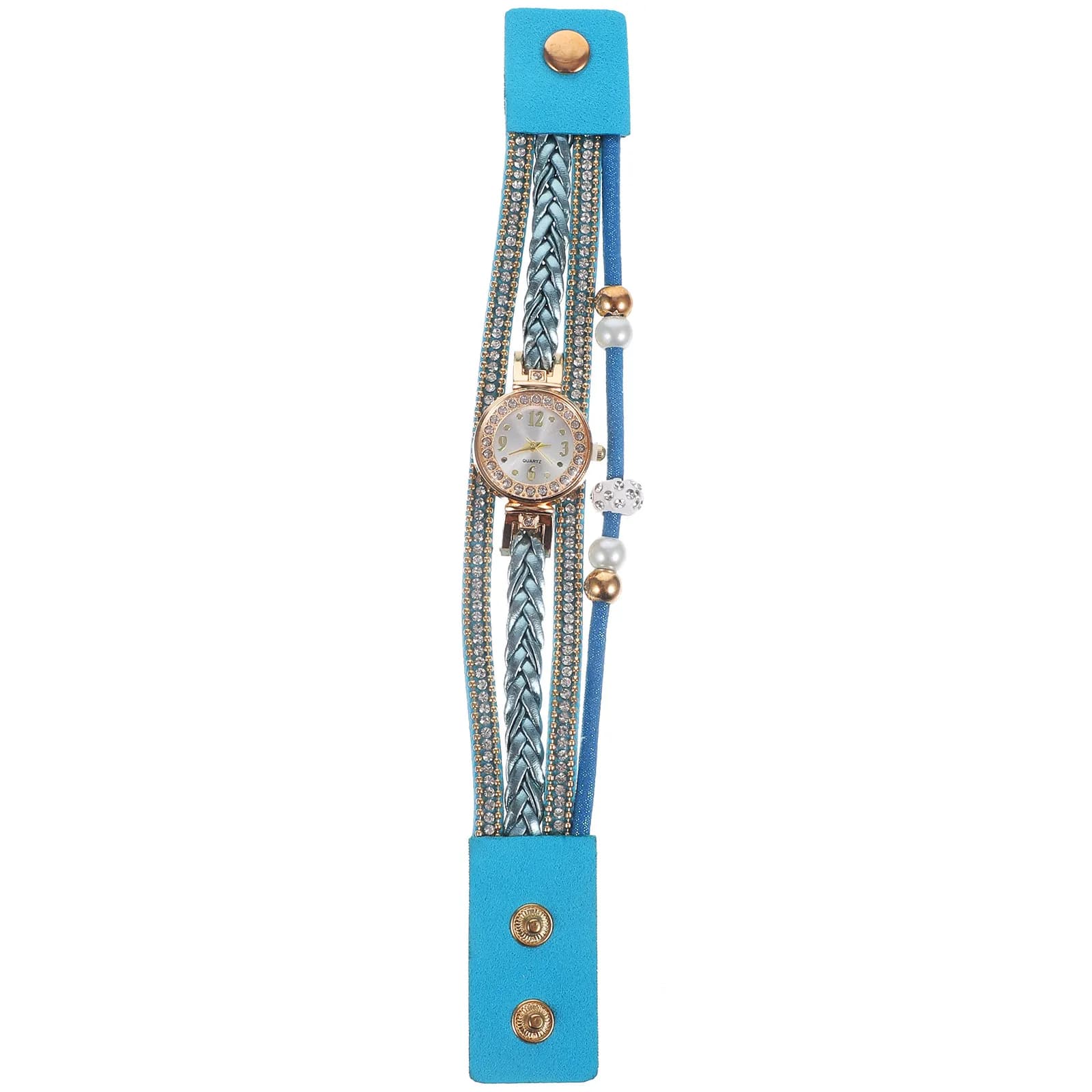 Creative woman watch with pearl design, stylish fashionable wristwatch, precise quartz movement, gift idea, blue sky