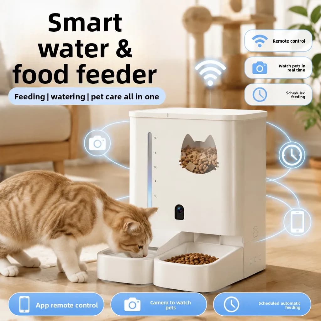 Smart pet feeder with camera, cat visual interaction, water and food integrated feeder