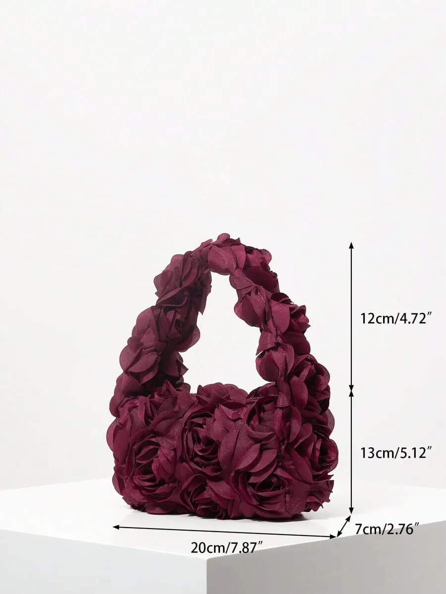 Elegante borsa tote con fiori 3D per donna, borsa da sera bordeaux per banchetti nuziali
