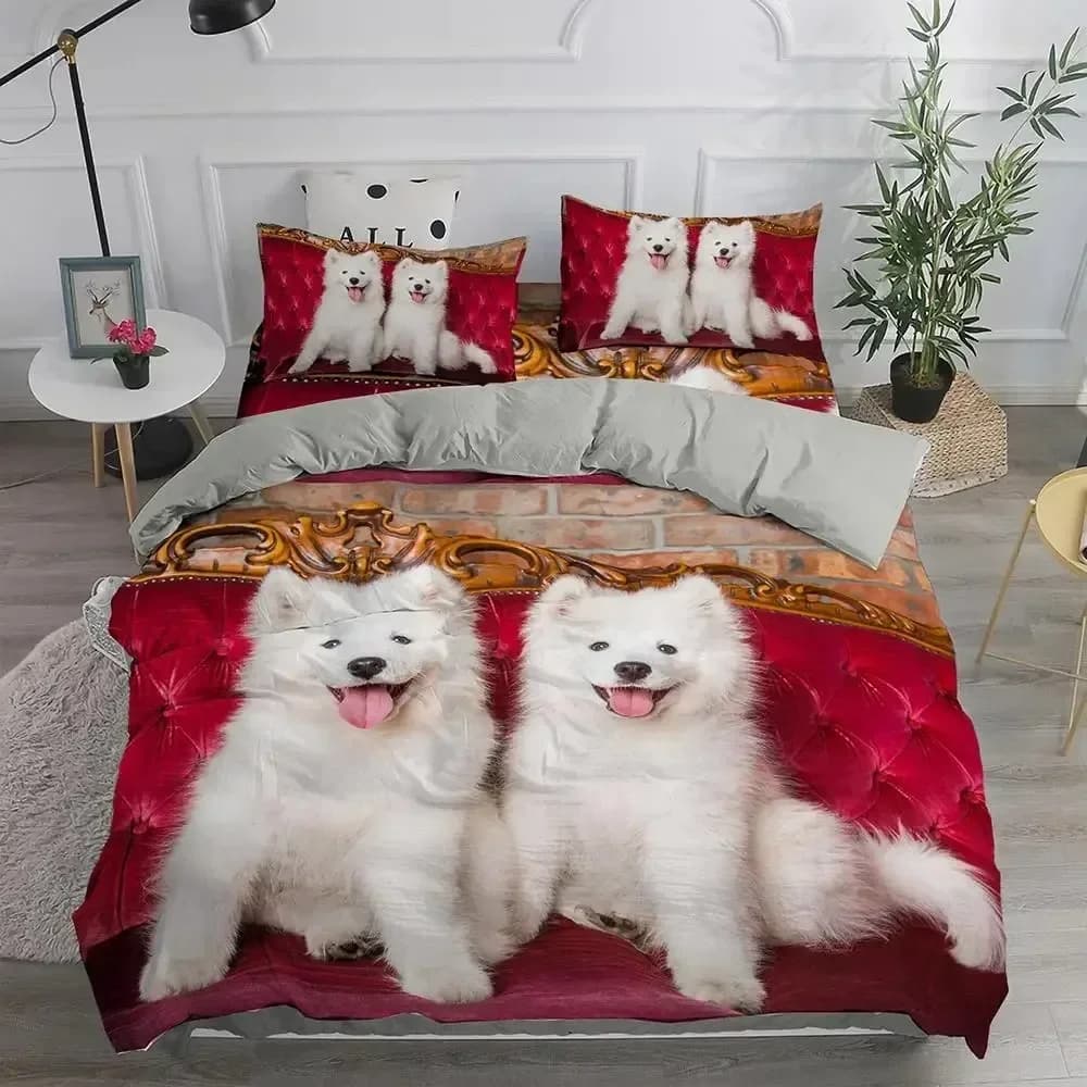 Set di biancheria da letto per cani, simpatico Samoyed, per bambini e adulti, misura Twin/Queen, con angelo sorridente e cucciolo adorabile, copripiumino e federa.
