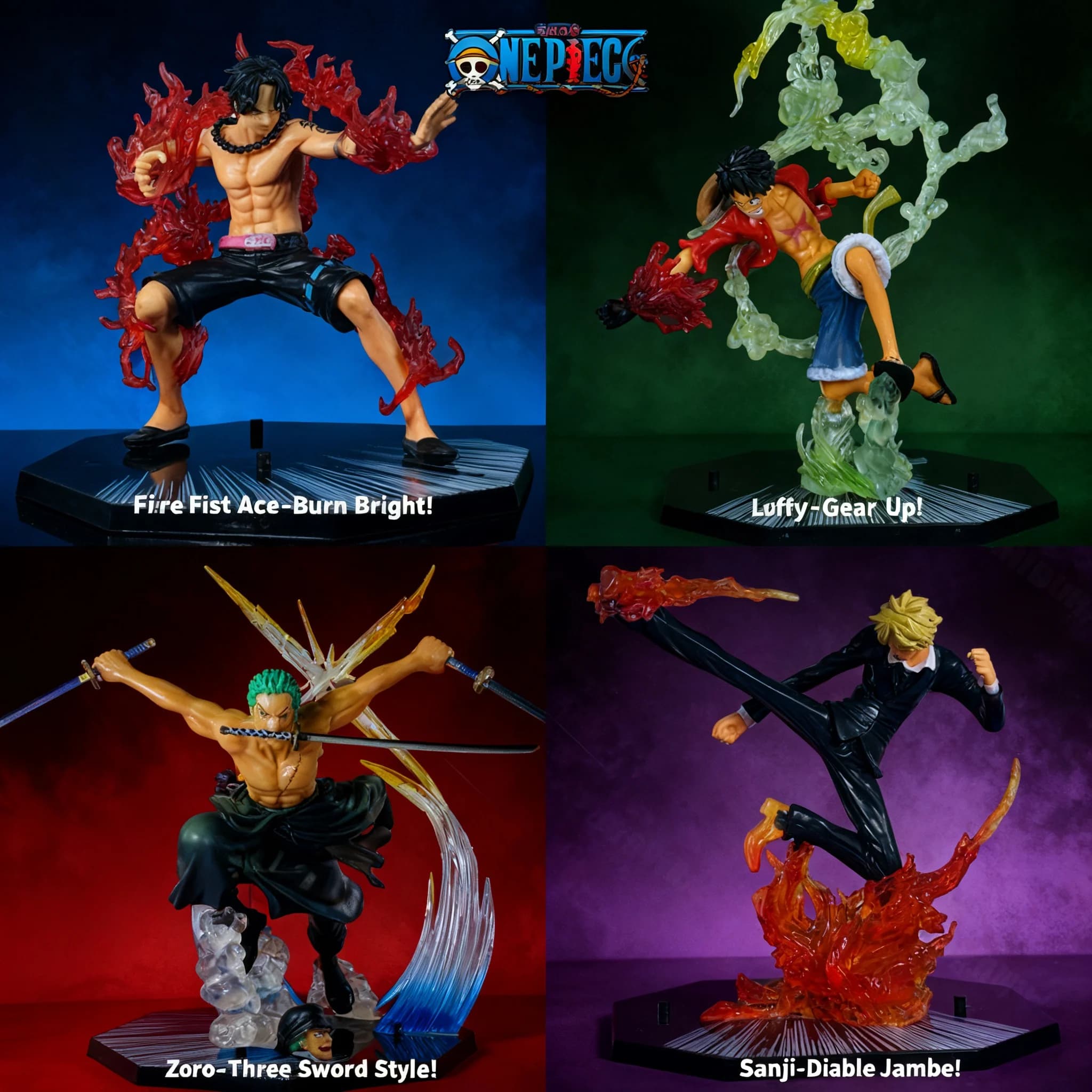 Action Figure One Piece Anime: Modelli di Luffy, Ace, Sanji, Zoro, Sabo con Pugno di Fuoco e Tre Spade, Nuove Statuette in PVC