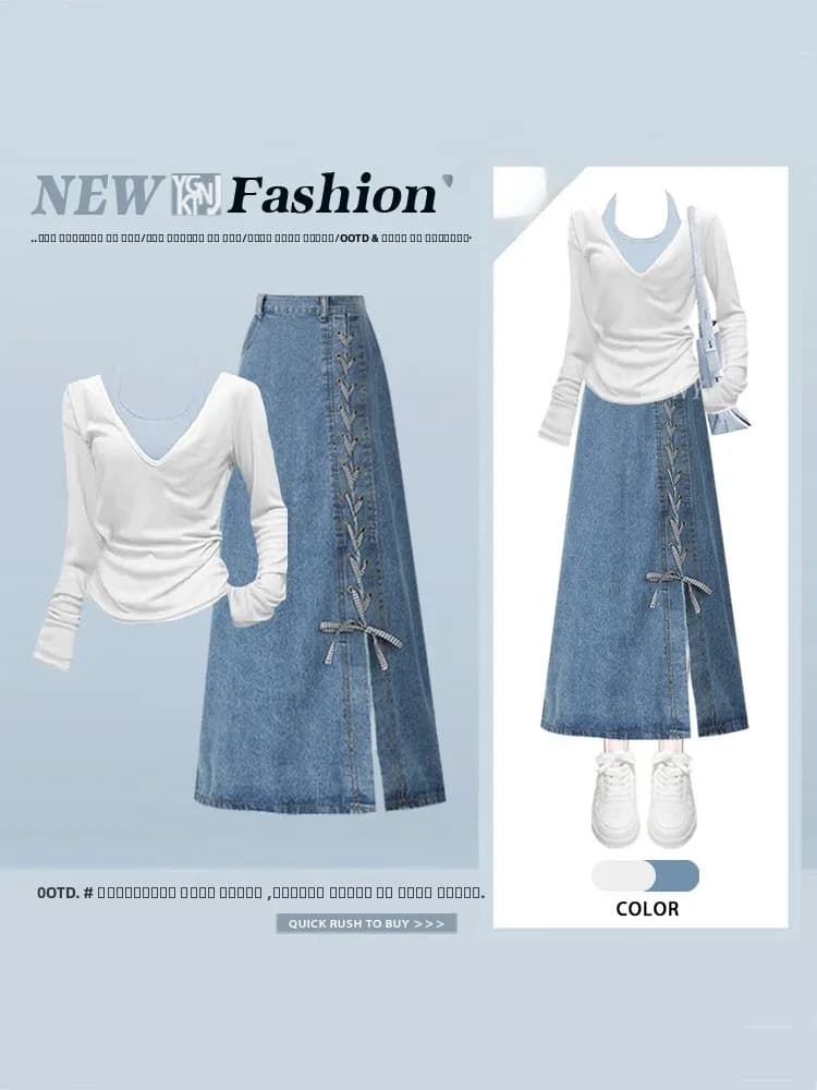 Set di Tre Pezzi per Donna: Gonna in Denim Tie-Dye a Vita Alta, Top Sottile con Spalline e Maglietta, Ensemble Casual Chic Primaverile alla Moda