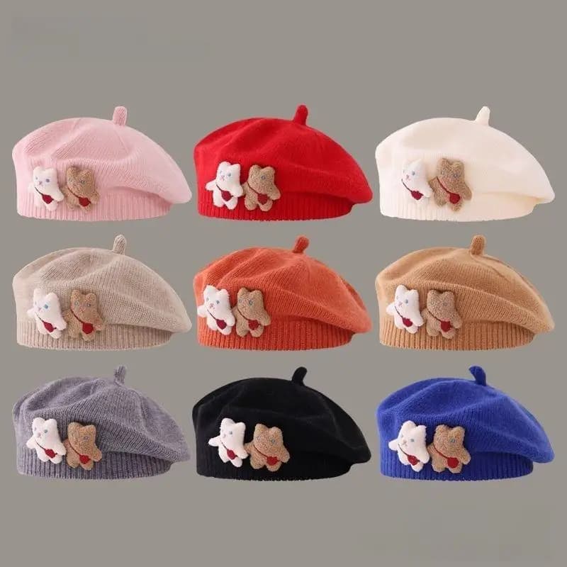 Charming Bear Strap Beanie Cap, 1Pcs Knitted Beret in Solid Color for Baby Girls, Artist Caps for Winter and Autumn