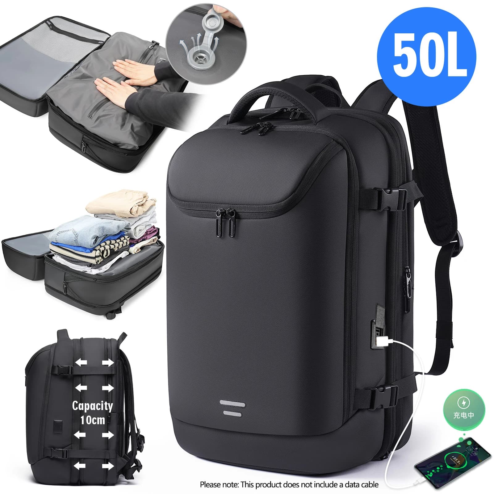 TANGCOOL Zaino a compressione sottovuoto da 50 litri, espandibile da 35L a 50L, borsa da viaggio per laptop, adatta per laptop da 17,3 pollici, ricarica USB