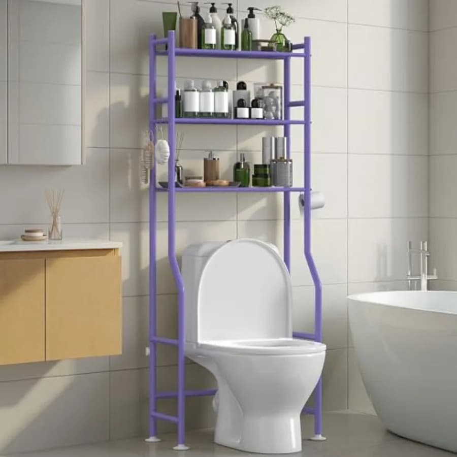 Organizzatore a 3 livelli da posizionare sopra il WC, scaffale salvaspazio per il bagno con porta carta igienica e 4 ganci, alto 64 pollici, autoportante, in carbonio.