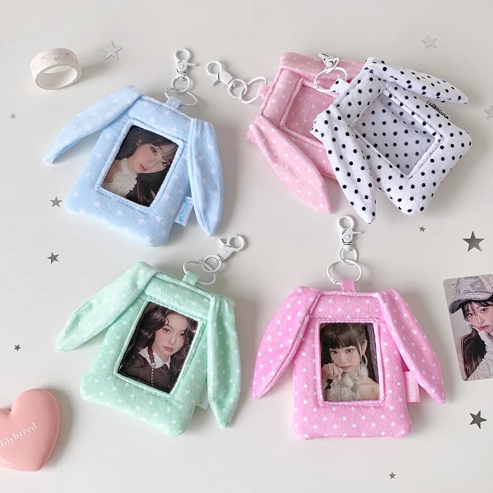 Girl Polka Dot Bunny Ear Pendant Card Holder Kpop 3 Inch Photocard Display Case Student School ID Card Pouch Badge Holder