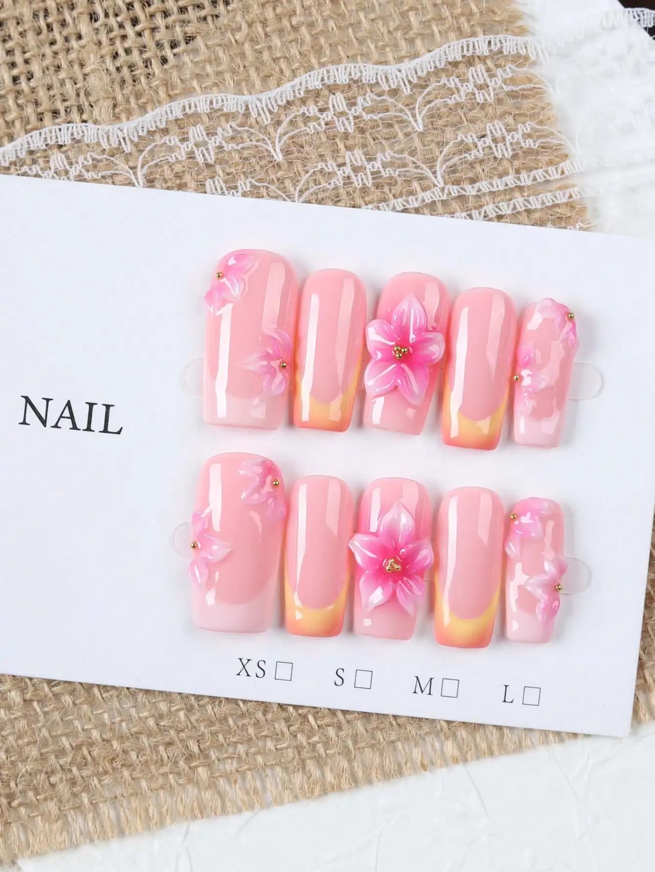 10 Pieces of Medium-Length Rectangular Nude Pink and Orange Gradient French-Style Press-On Nails, Gentle and Pure Girly Style Handmade Fake Nails, with Three-Dimensional Gradient Embossed Pink Flowers and Delicate Mini Gold Beads, High-Gloss Finish, Can Be Removed and Re-Worn, Suitable for Spring Outings, Dates, and Photo Shoots, an Atmospheric Nail Art Gift for Girls