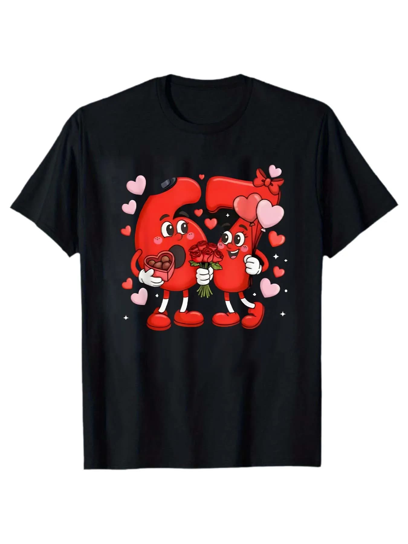 T-shirt with print to pair of cartoons number 67 Valentine's Day: heart pink chocolate unisex casual short sleeves
