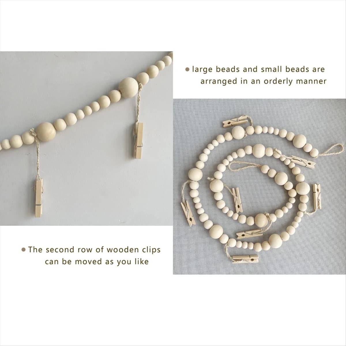 ABJS 3 Hanging Parts for Photo Exhibition, Wall Decoration, Boho Wood beads Collage Frame with 7 Wooden Clips for Home, Office