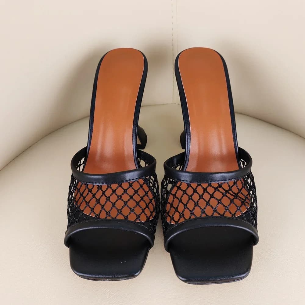 Mesh Panel Women Shoes Flared Heel Mules Square Open Toe Slip Black Leather Summer Daily Slippers Party Luxury Fashion Sandals
