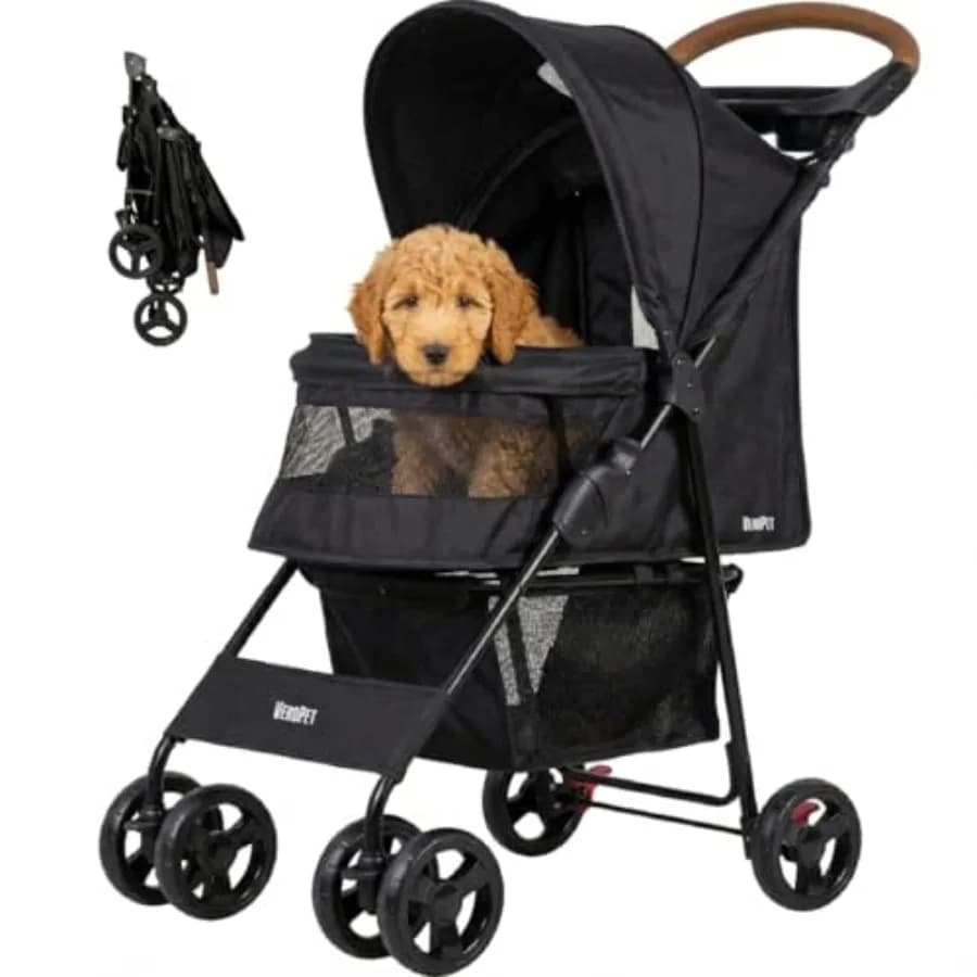 Pet Stroller for Small Dogs Cats, Foldable Pet Stroller with Breathable Mesh, Storage Basket Cup Holder, Lightweight 4-Wheel Do