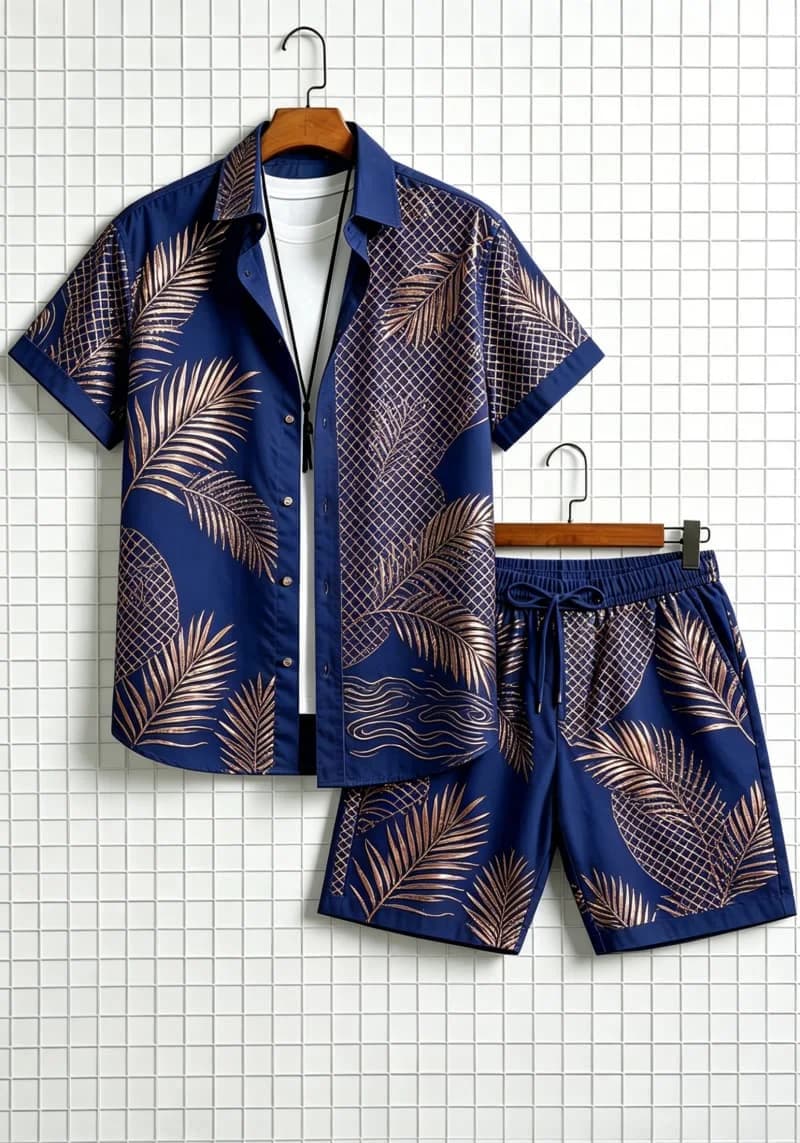 Metal tropical floral print men's summer two-piece set, short sleeved shirt and drawstring shorts, for beach and casual wear