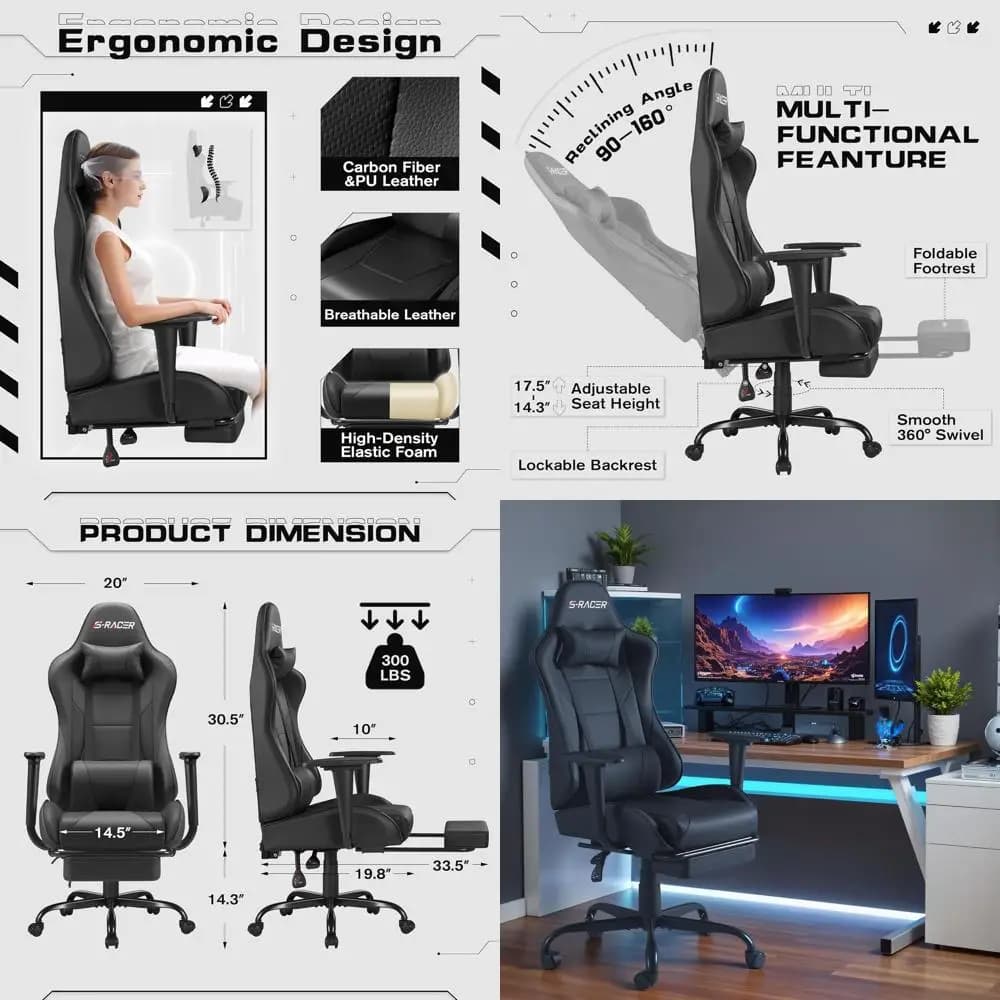 Sedia da Gaming Ergonomica con Poggiapiedi, Massaggio Lombare e Altezza Regolabile (Nera)