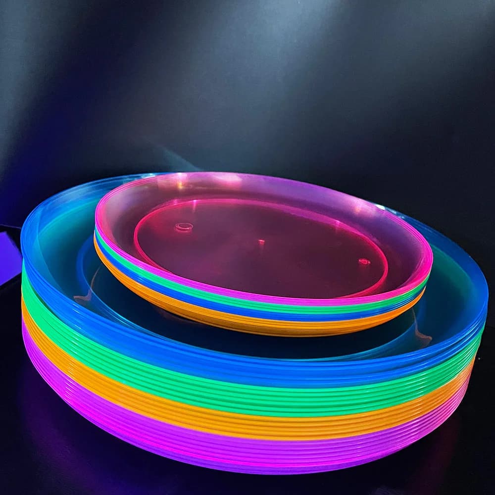 32 Pcs Neon Black Light Party Plates Black Light UV Glow in The Dark Party Hard Plastic 10Inch Round Dessert Plates Assorted
