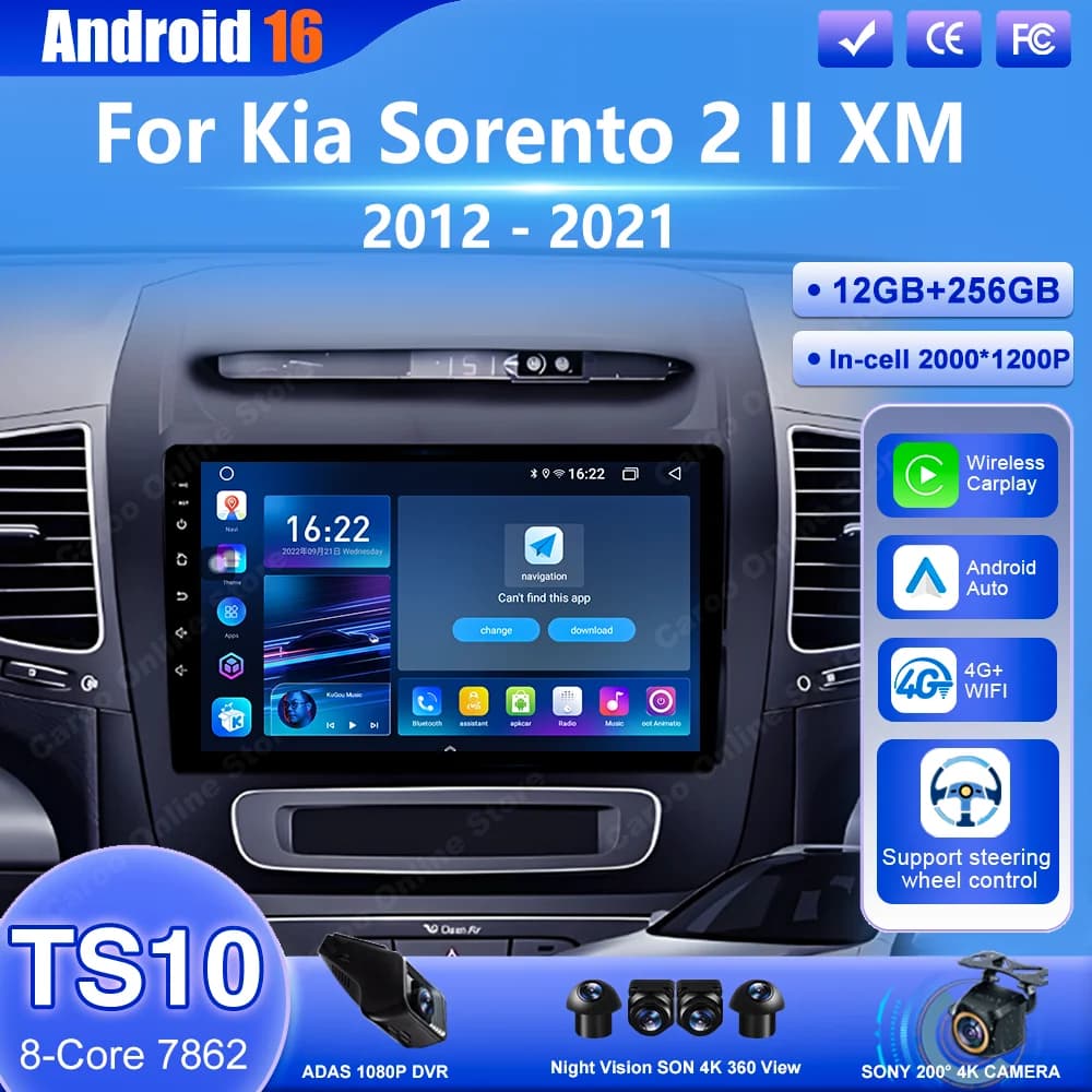 Autoradio Android 16 per Kia Sorento 2 II XM 2012 - 2021 Lettore Multimediale Carplay Radio Auto GPS Navigazione Bluetooth WIFI+4G