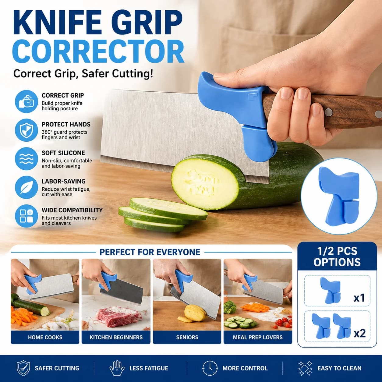 Knife Grip Corrector Silicone Handle Aid Finger Guard Safe Cutting Tool Kitchen Helper For Beginners Seniors Home Cooks