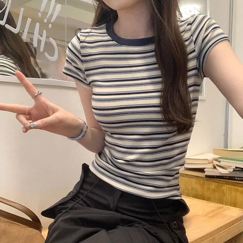 American Retro Striped Short Sleeve T-Shirt Women Summer Pure Cotton Slimming Short Style Base Shirt Inner Wear Top