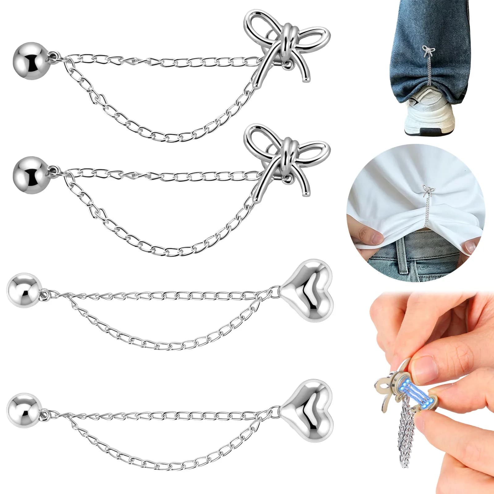 4Pcs Magnetic Clothing Clips with Chain MultiFunct Magnetic Button Clip Shortening Adjuster for Shirt Sleeves T-Shirt Hems Colla