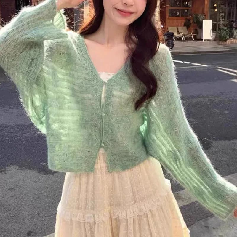 Cardigan scavato sottile primavera autunno donna stile coreano verde scollo a V corto maglieria donna streetwear maglioni a maniche lunghe