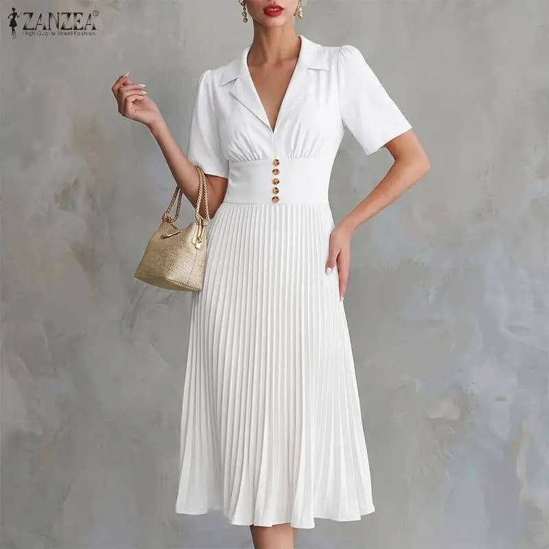 ZANZEA Women Accordion Pleats Midi Dress Lapel Collar Short Sleeve Cinch Waist A-Line Dresses Summer Fashion Commute Vestidos