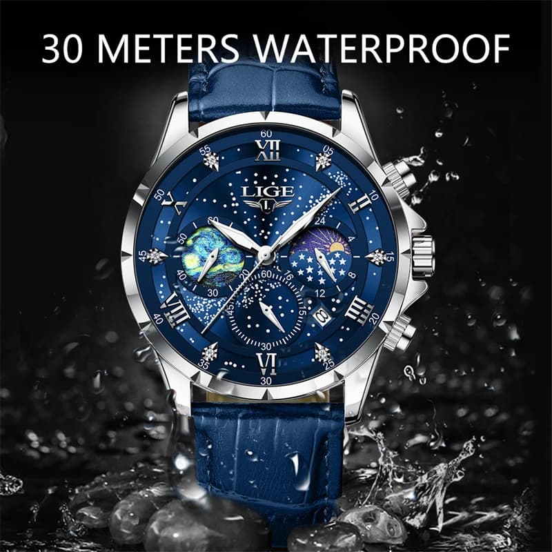 Orologi da uomo LIGE di lusso, impermeabili, con fasi lunari, orologio da polso da uomo con data, casual, in pelle, cronografo da uomo + SCATOLA