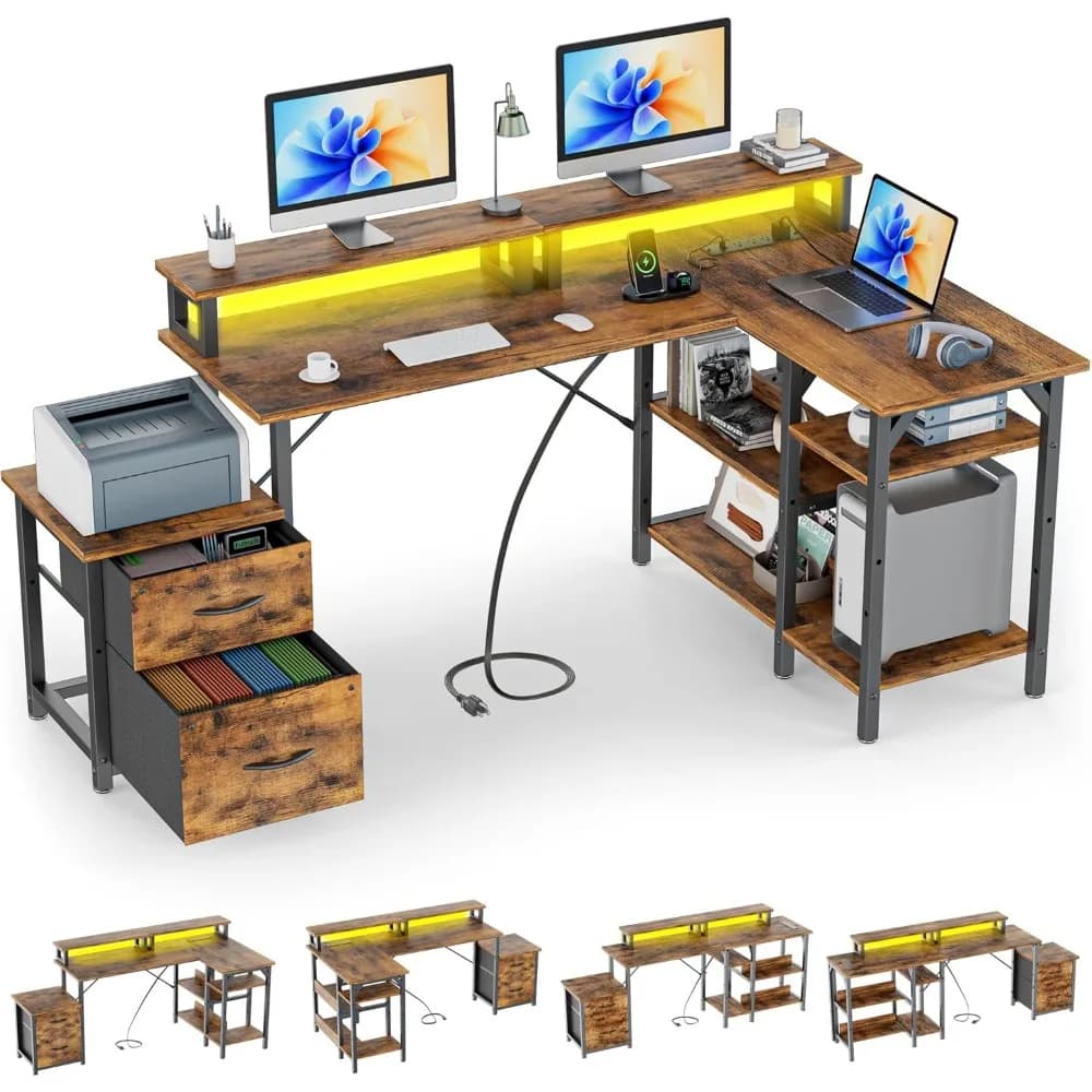Office Desk with File Drawers&Power Outlet,Reversible Computer Desks,Corner L Shape or Long Desk Set up Monitor Stand,Customized
