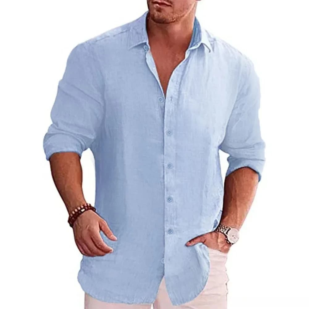 Camicia a maniche lunghe da uomo di vendita calda autunnale in lino di cotone tinta unita stile casual camicia di lino casual da uomo taglie forti