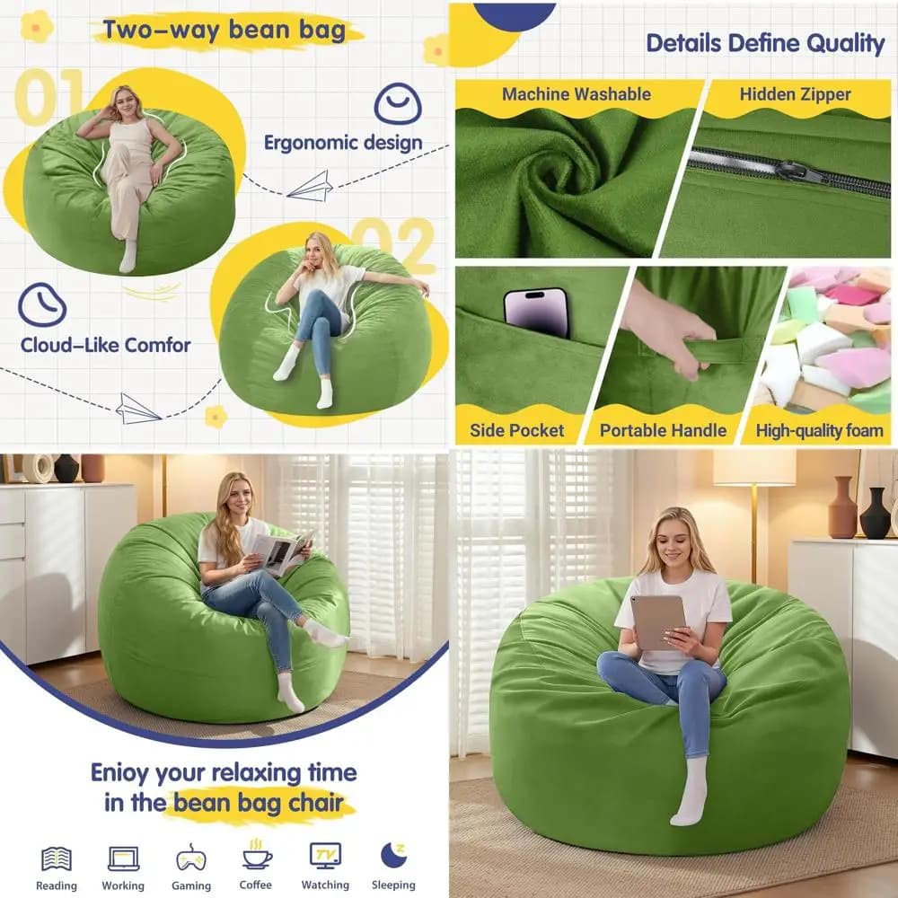Poltrone Giganti in Memory Foam - Rivestimento Lavabile, Ideali per Adulti, Gaming e Spazi Abitativi, Verde Prato