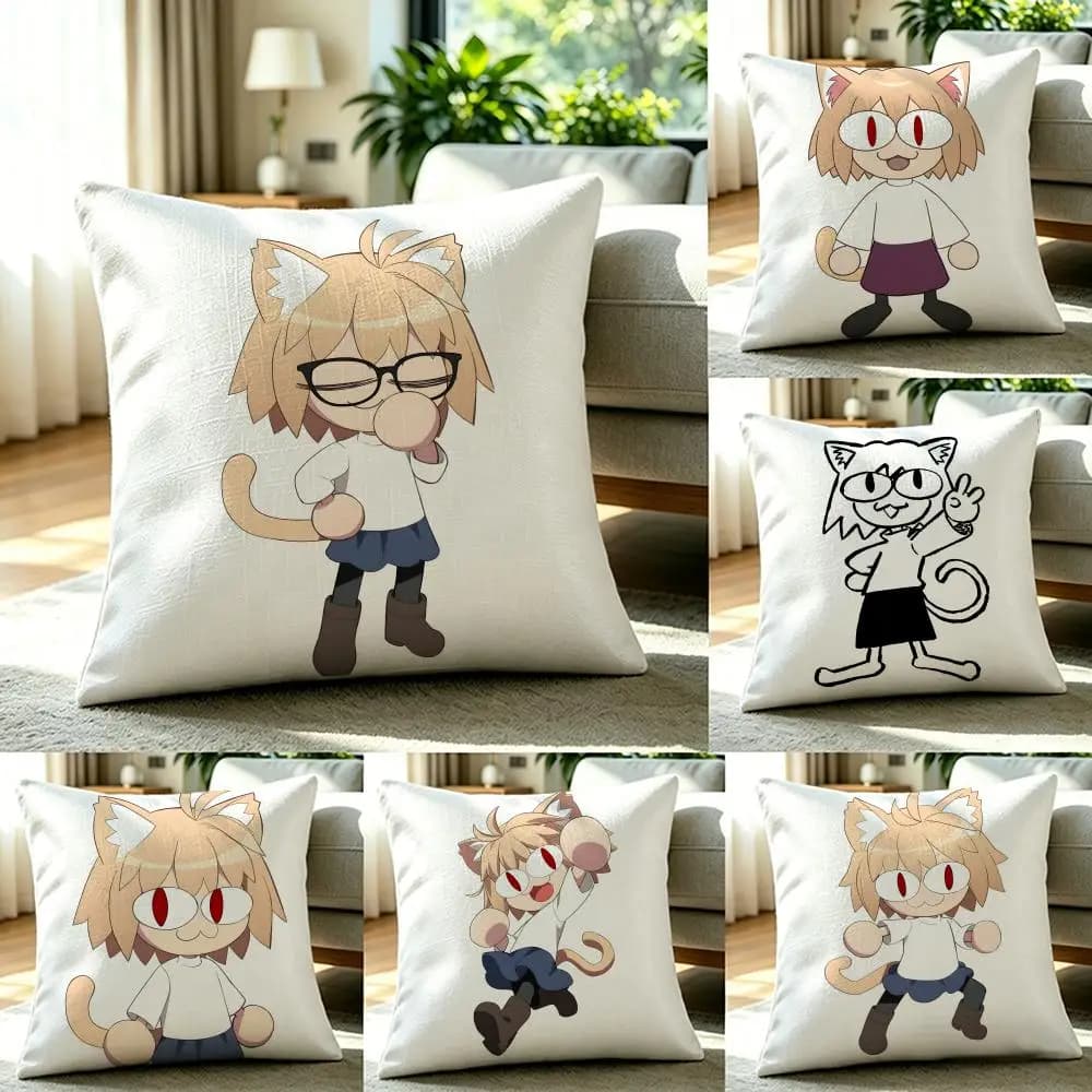 1P- Set di fodere per cuscini in lino naturale con motivo gatti, arcobaleno, emoji divertenti e stile carino, decorazione completa per divano, camera da letto e sedia