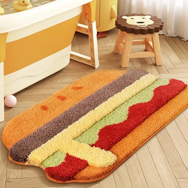 Tappetino da Bagno VIKAMA a Forma di Hot Dog, Colorato con Salsa e Verdure Simulate, Morbido e Sicuro per Bagni dei Bambini, Design Antiscivolo