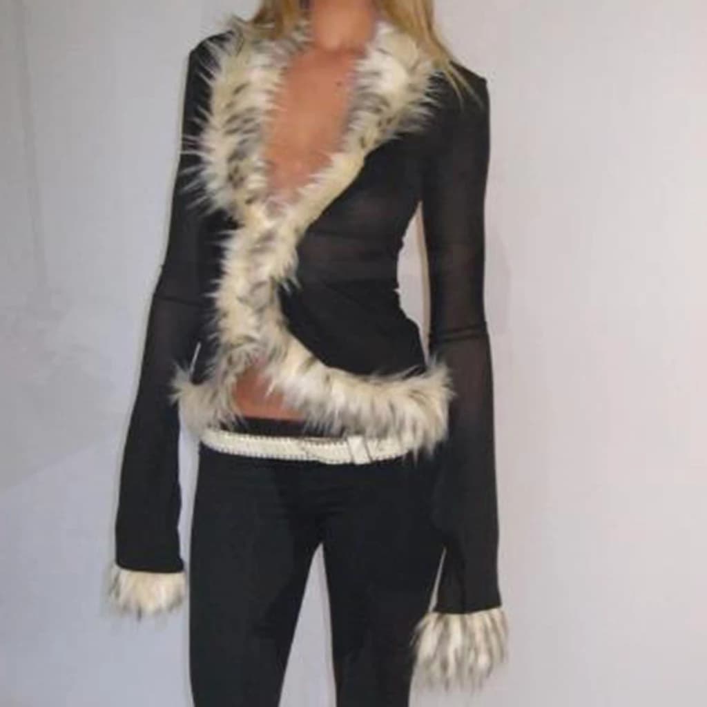 Elegant Women's Faux Fur Patchwork Tops V-Neck Long Sleeve Sheer Mesh T-Shirt Button Down Shirts for Spring Fall