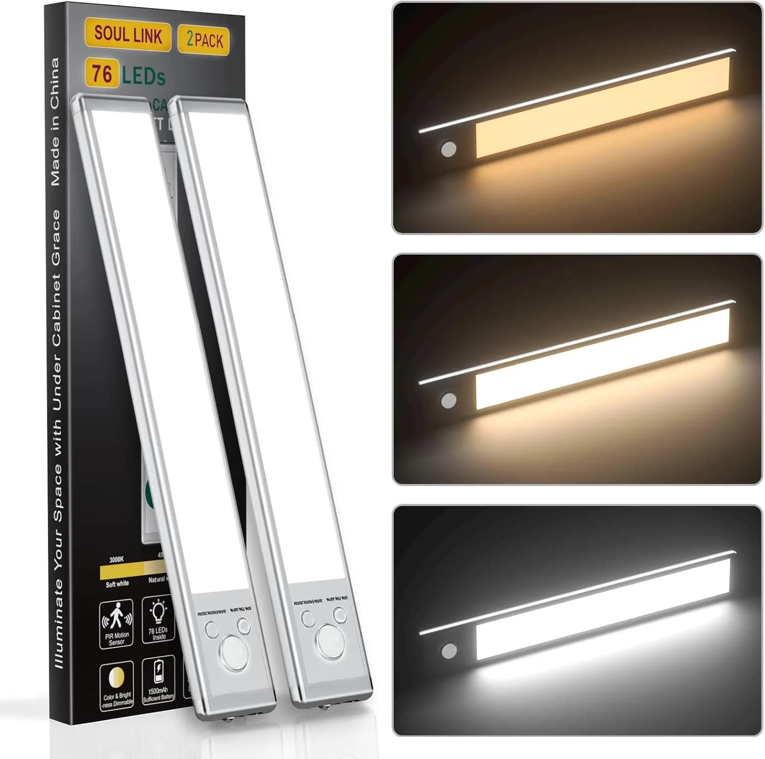 Wireless USB-C Rechargeable Under Counter Lights 3 Color Temperatures & Adjustable Brightness 76 LED Operated Motion Sensor Light Indoor Magnetic Mount for Kitchen 1500Mah USB Rech 9.6inch Under Cabinet Lights Under Cabinet Lights