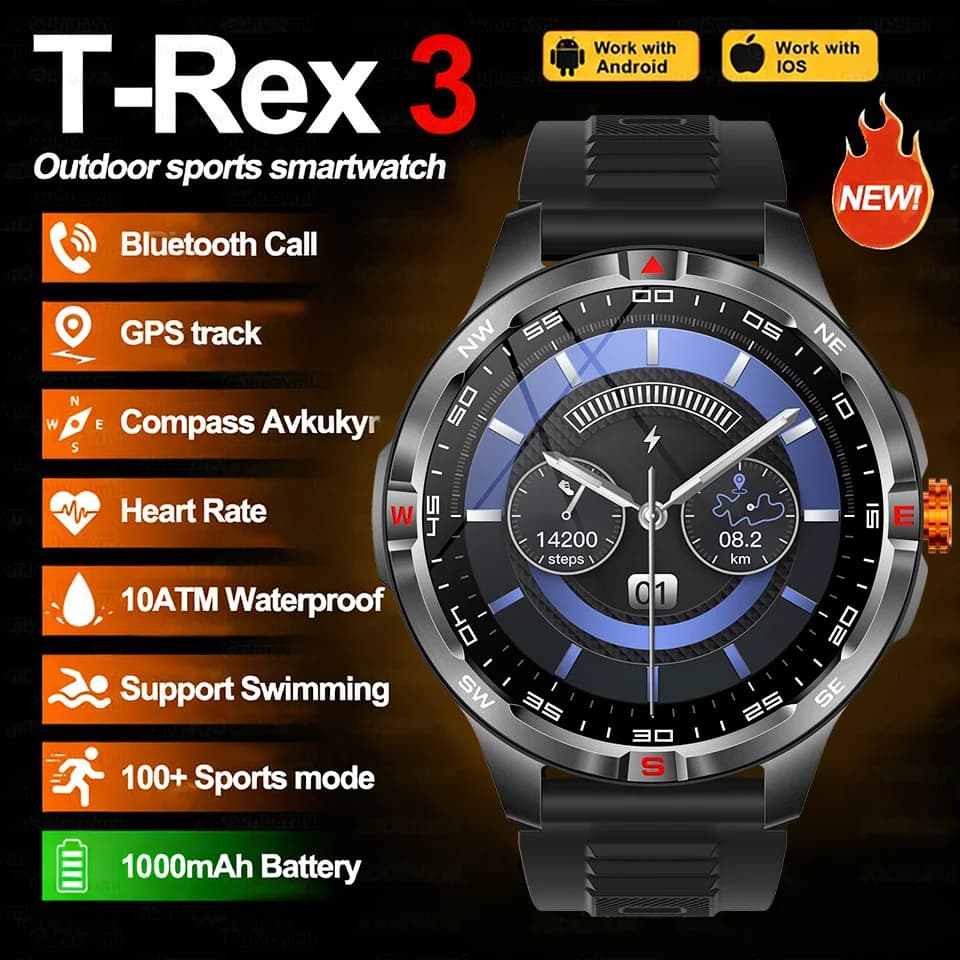 Nuovo Smartwatch T-Rex 3 Militare 2026 con Batteria da 1000mAh, Impermeabile 3ATM, Bussola, Chiamate BT, Monitoraggio Salute e Sport per Android e iOS