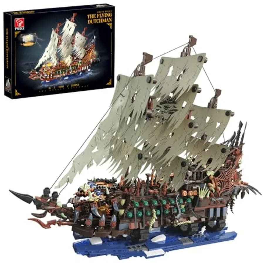 Set di Costruzioni Nave Pirata con Luci, Modellino MOC Flying Dutchman, Barca Giocattolo Fantasma, Set di Blocchi da Costruzione in Nero e Oro 2159