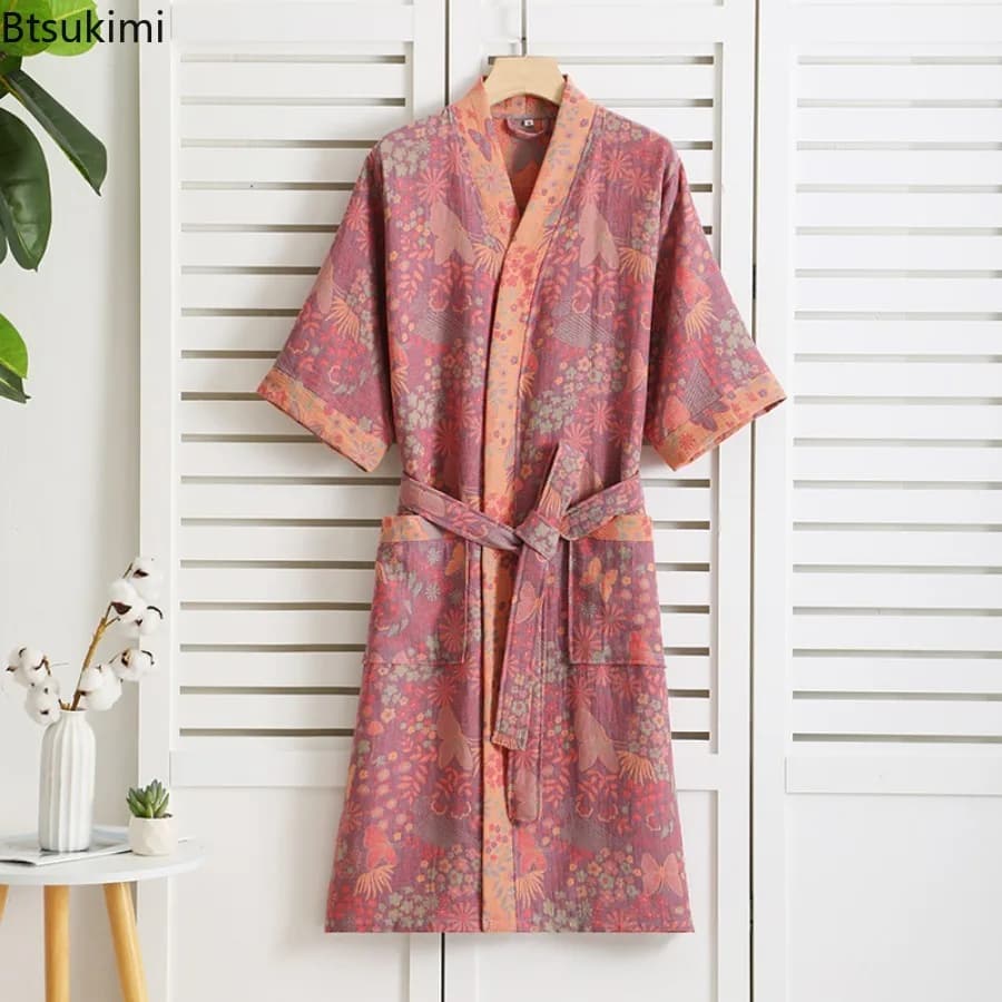 New 100% Lady's Cotton Bathroom Veste Printed Night Shirt Pure Style Cotton Double Layered Garza Comfortable Waist for Women