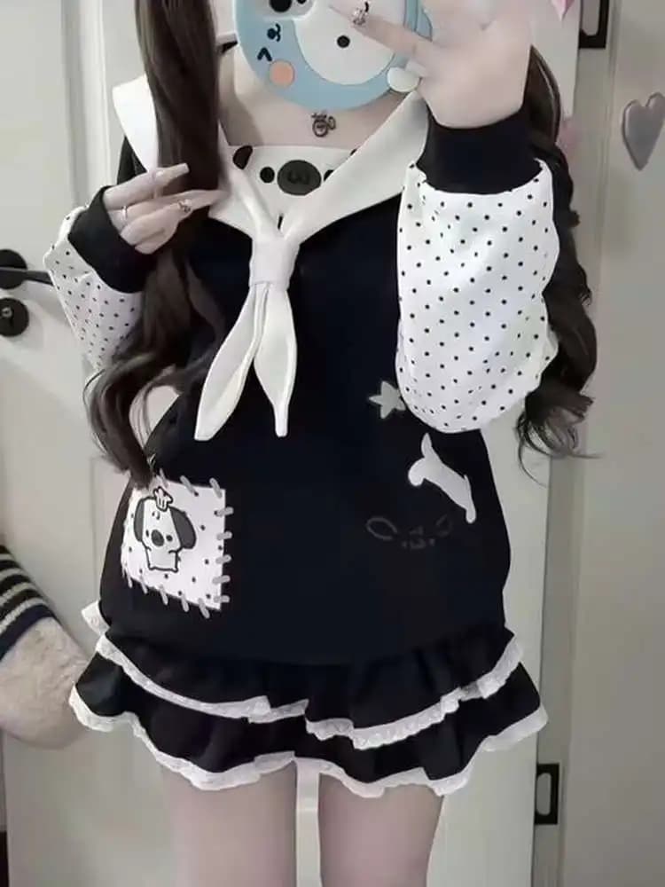 Felpa con cappuccio foderata in pile stile anime Kawaii, con colletto blu navy, giacca invernale, stile Soft Girl, Homegirl, bianco e nero, stile Twice, per studentesse.