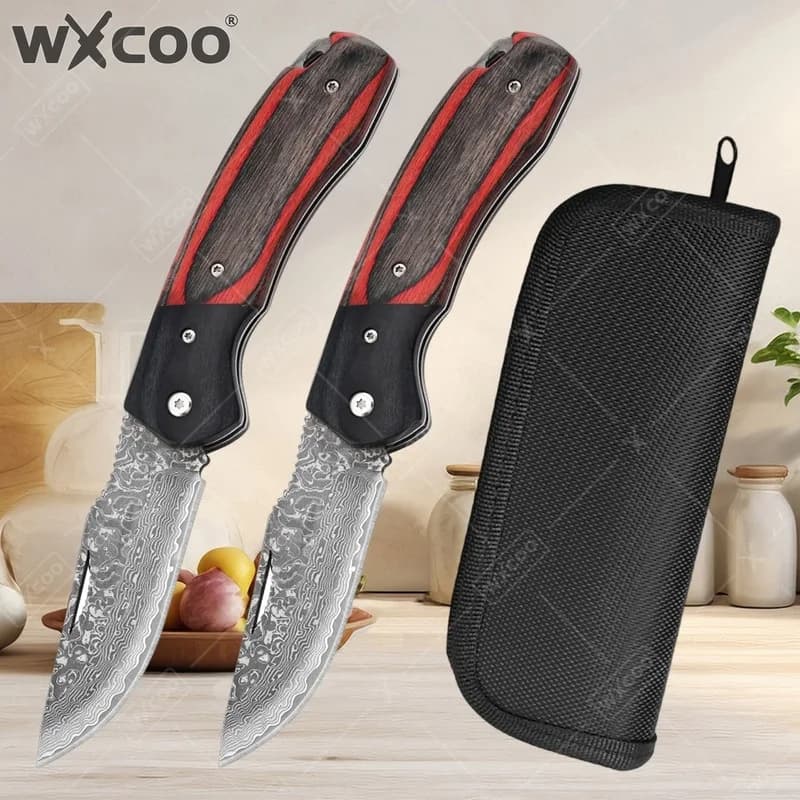 WXCOO Kitchen Knives Tool Damascus Utility Slicing Meat Fruit Barbecue Boning Knife Folding Knife Wood Handle Chef Cooking Knife
