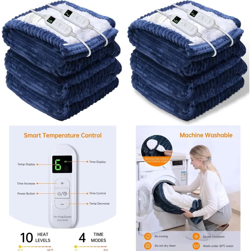 Coperta elettrica blu navy da 90 x 100 pollici con 4 timer e 6 livelli di calore: regalo ideale per l'inverno