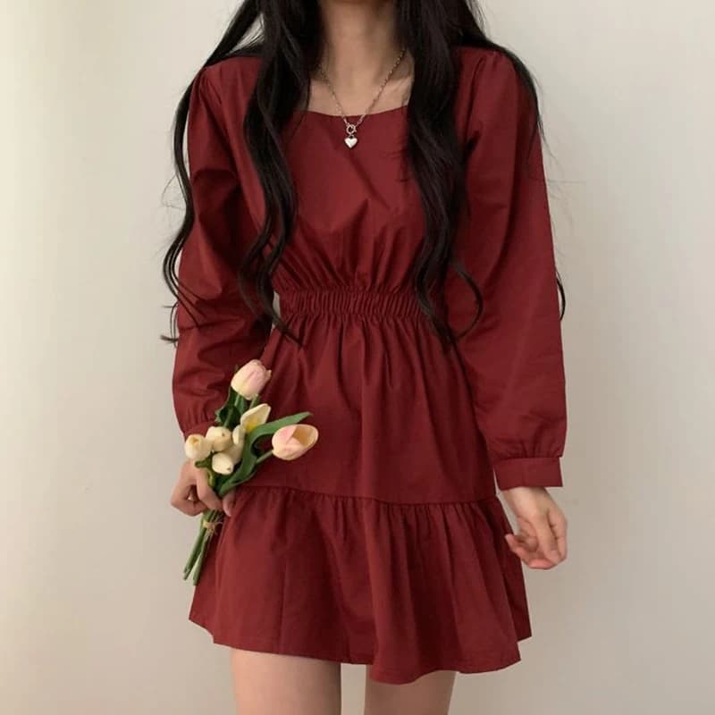Spring 2023 Women's Korean Style Sweet Loose Doll Dress Square Collar A-Line Skirt Long Sleeve High Waist Short Dress