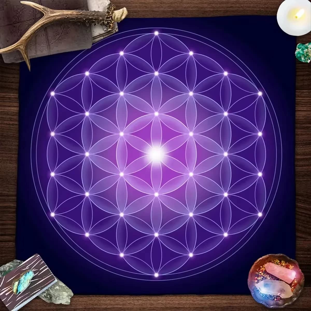 Telo per Lettura Tarocchi con Mandala Fiore della Vita, Motivo Galattico, Telo per Altare per Divinazione Occultica, Stregoneria, Tappetino per Carte Oracolo
