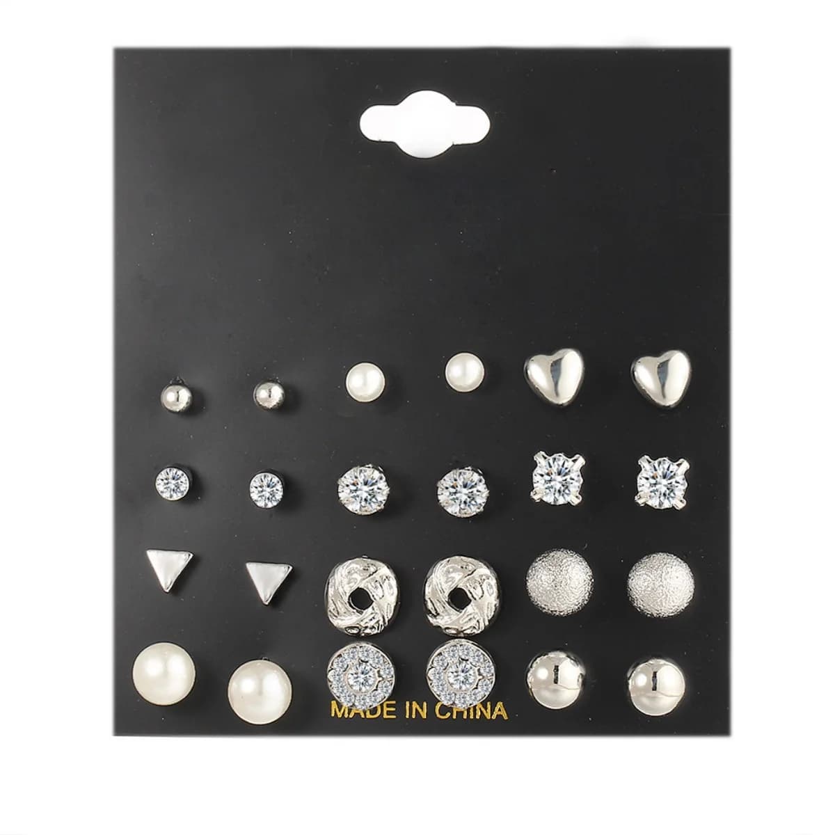 Classic Geometric Heart Shape Triangular Circular Button Earrings with Rhinestones Fashionable Imitation Pearl Earrings Set