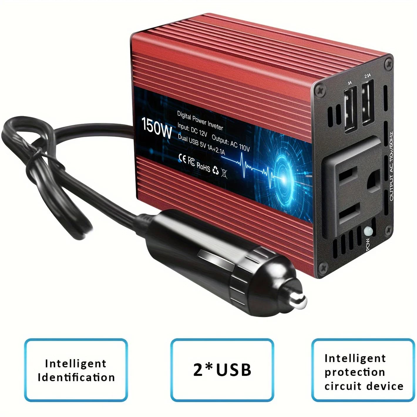 Convertitore di potenza per auto da 1 pz 150 W Convertitore da 12 V CC a 110 V/220 V CA con doppie porte USB 3.1A, ricarica rapida per telefono iPad Laptop, Overlo