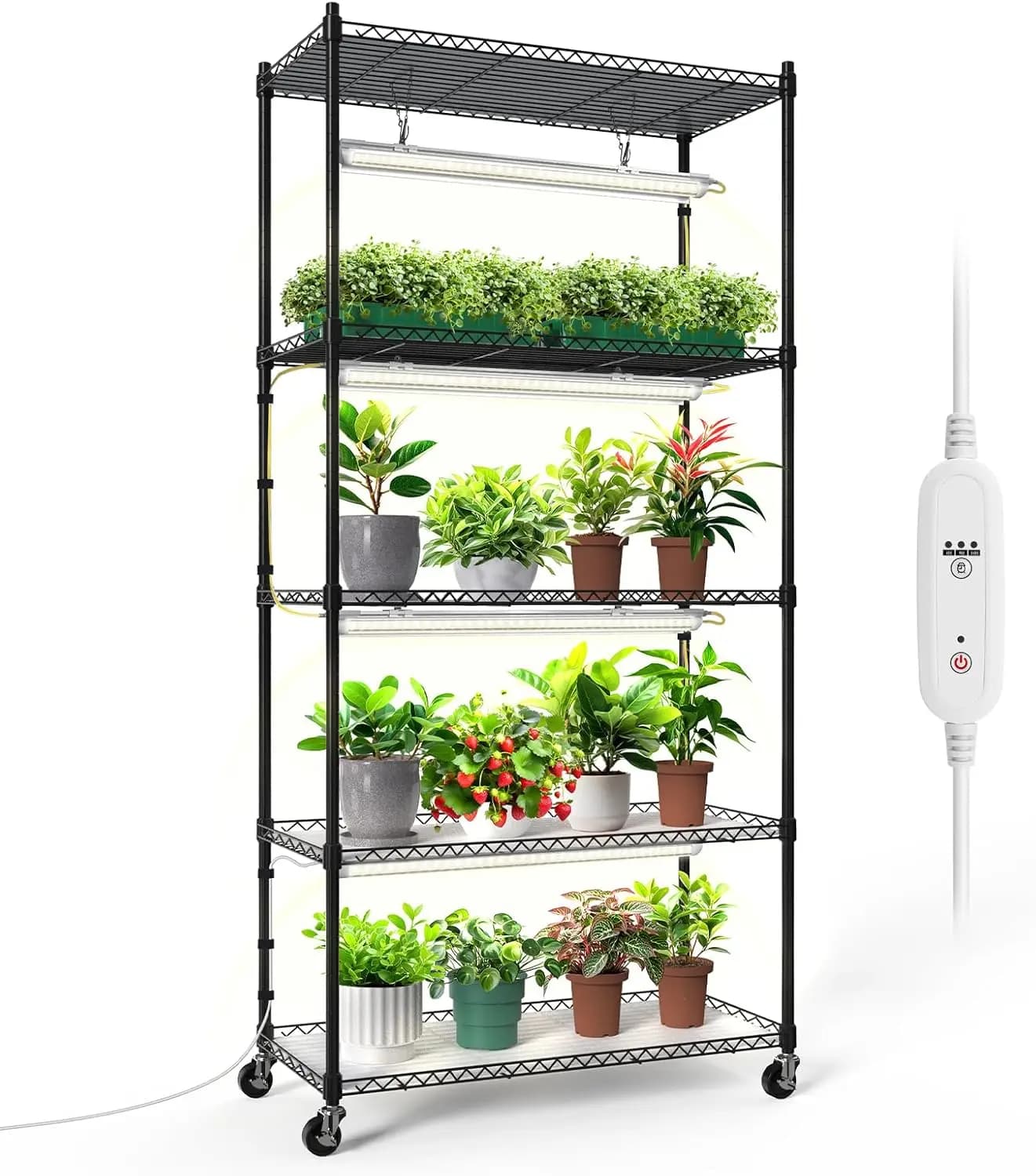 5-Tier Plant Shelf with 24W LED Grow Light, Timer, Wheels, 29.5x13.8x59IN