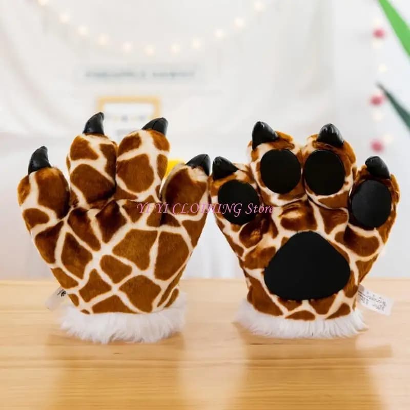 N5KF 1 Paio Simpatico Simulazione Giraffa Zampa Peluche Guanti Soffici Animali Peluche Imbottito Scaldamani Halloween Costume