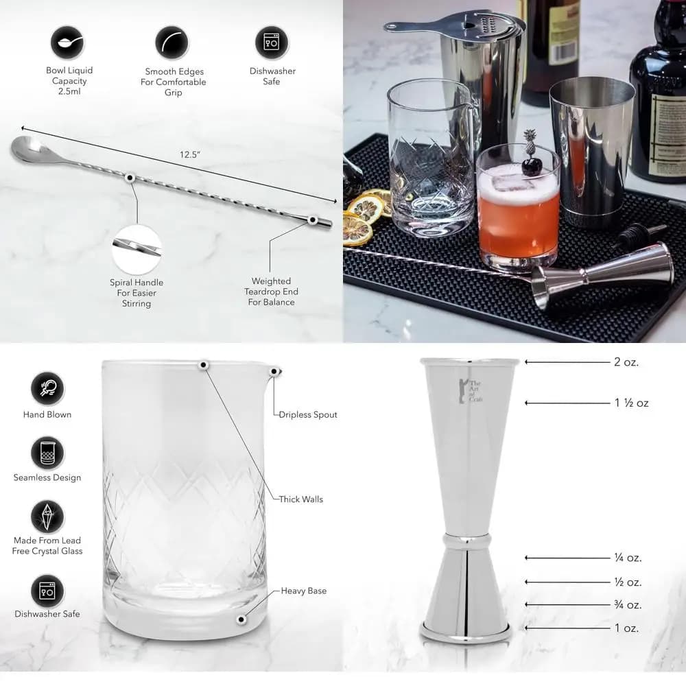 Kit Bartending Essential: Boston Shaker, colino Hawthorne, jigger, cucchiaio, bicchiere per cocktail perfetti