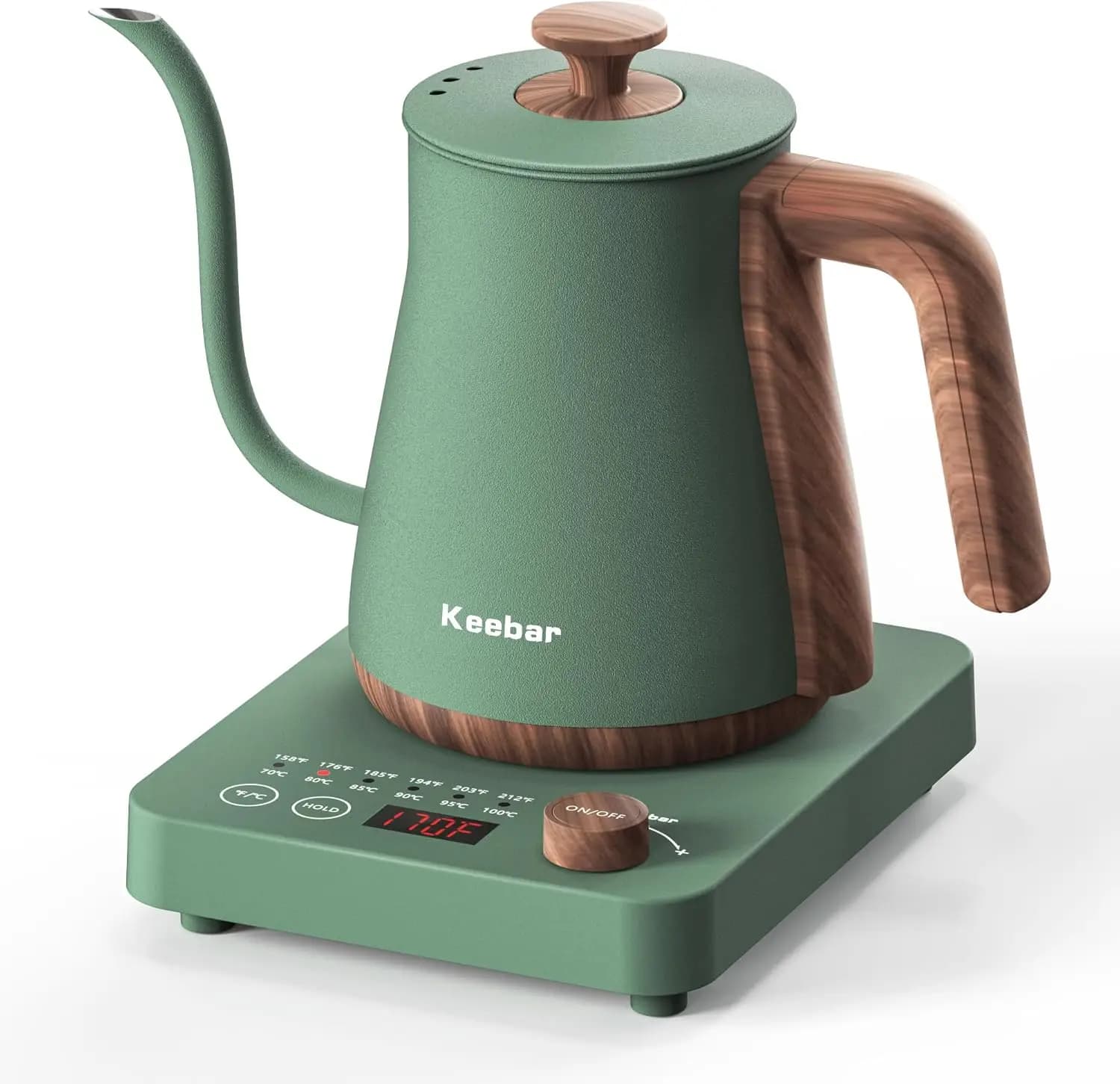 Bollitore Elettrico 1000W a Riscaldamento Rapido con Beccuccio a Collo d'Oca, 0.8L in Acciaio Inox 304, Spegnimento Automatico, Verde Opaco